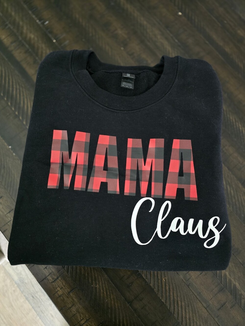Gildan Black Crewneck Sweatshirt with Red Plaid "MAMA" and White Script
